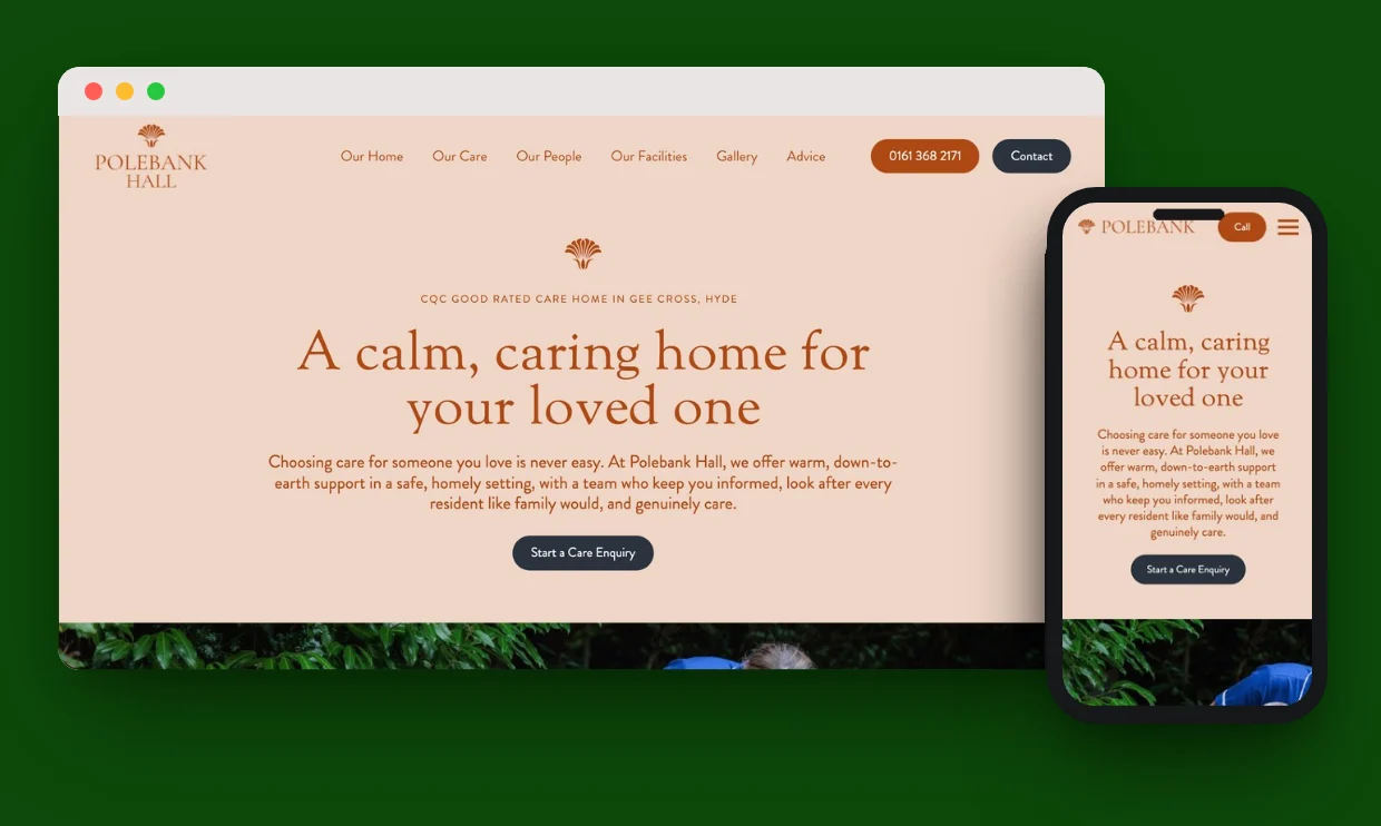 The Polebank Hall website, designed by our team, on a computer and a phone