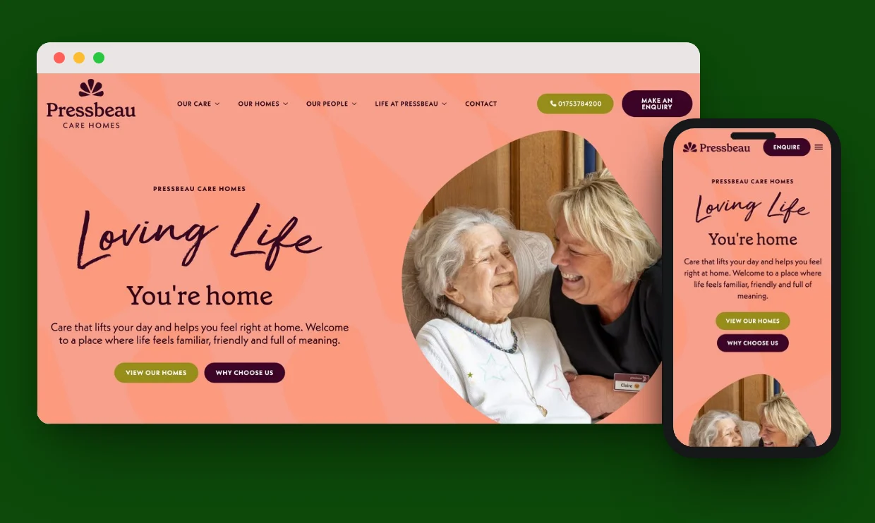 The Pressbeau Care Homes website, designed by our team, on a computer and a phone