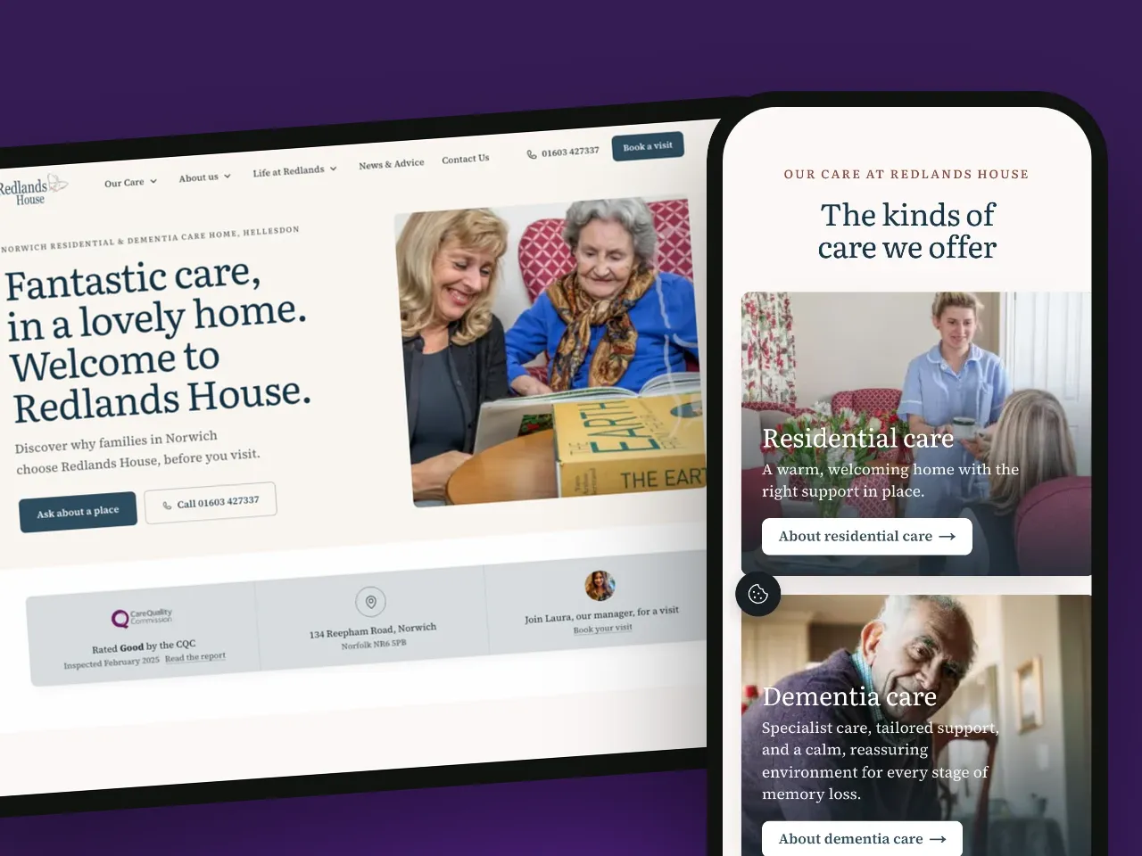 A care home website built with Pro, on a laptop and a phone